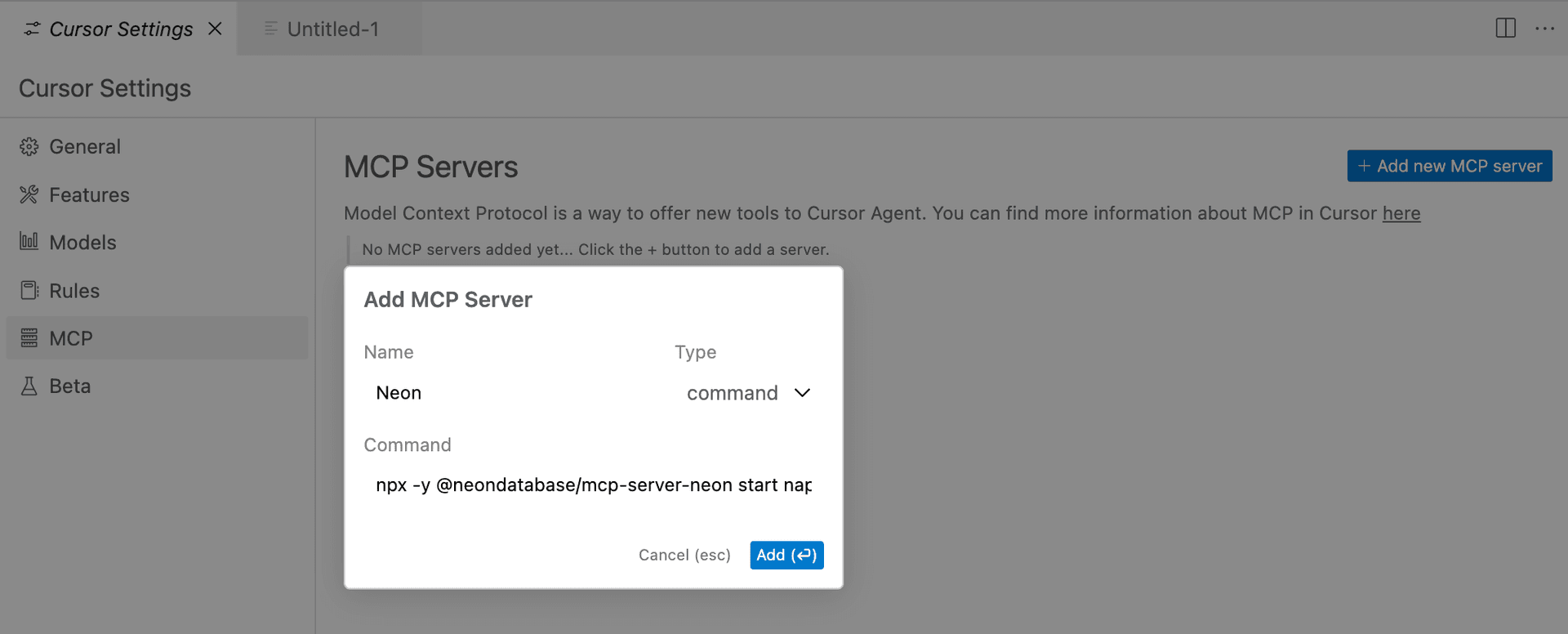 Add Neon MCP Server in Cursor
