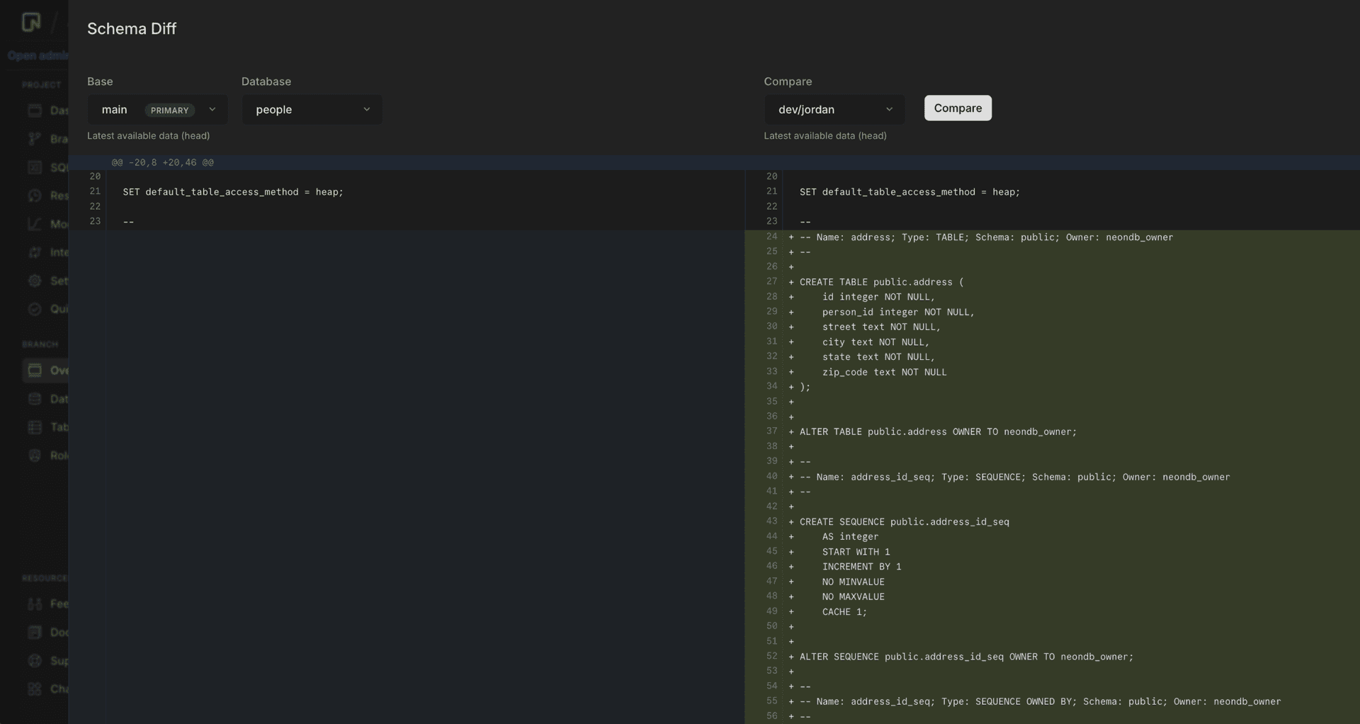 schema diff results