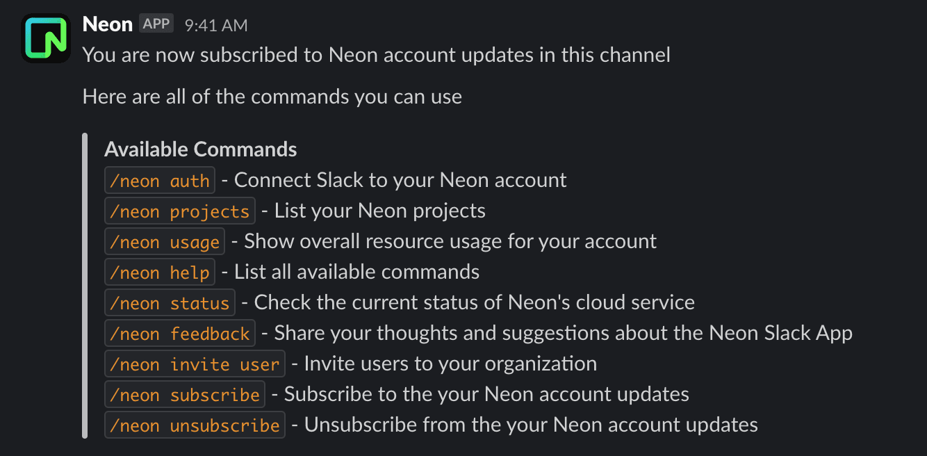 Neon Slack commands including new subscribe feature